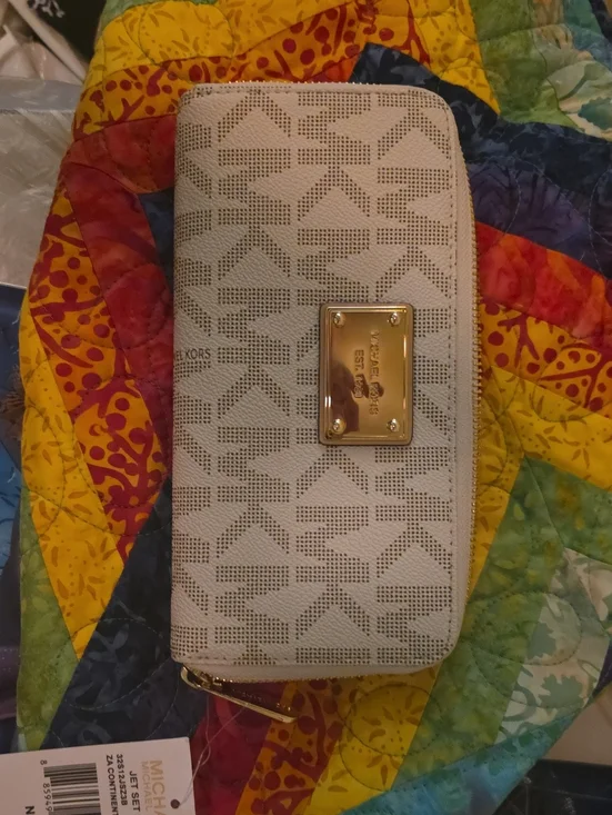Michael Kors Light Beige Perforated Signature Zip Wallet with Gold Plate