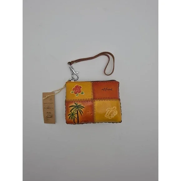 Hawaii Genuine Leather Patchwork Coin Purse Wallet w/Wrist Strap~Tropical Floral