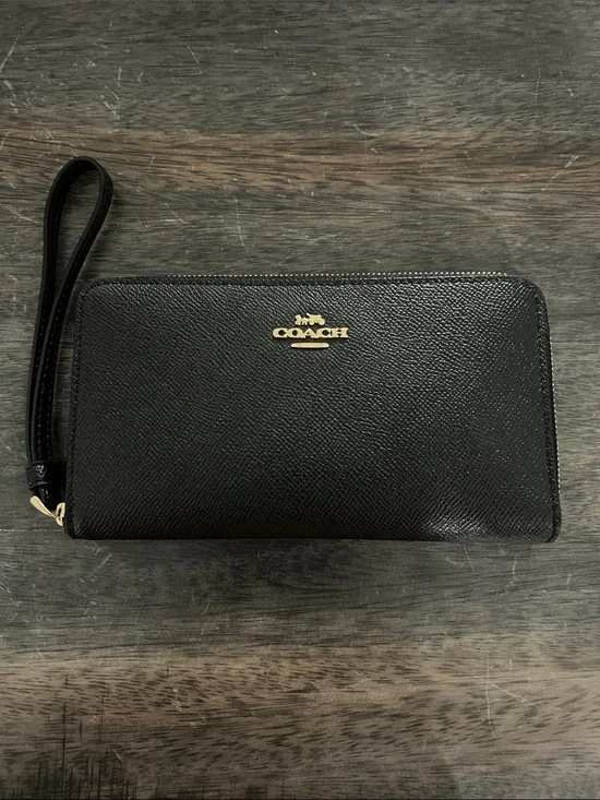 Coach Black Leather Zip Wristlet with Gold Logo