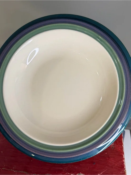 Pfaltzgraff Ceramic soup Bowl in White with Teal, Purple & Green Bands