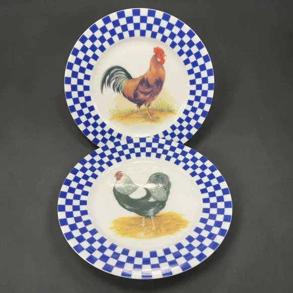 Williams Sonoma Rooster Dishes Plates Blue Checkered Set of 2 Made in‎ Japan VTG