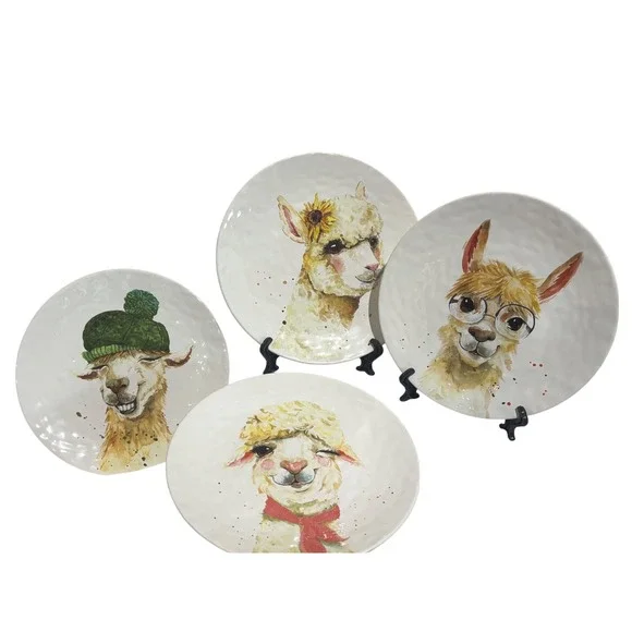 Pier 1 Imports Alpaca Llama Earthenware Plates Set of 4 Watercolor Art 8.5