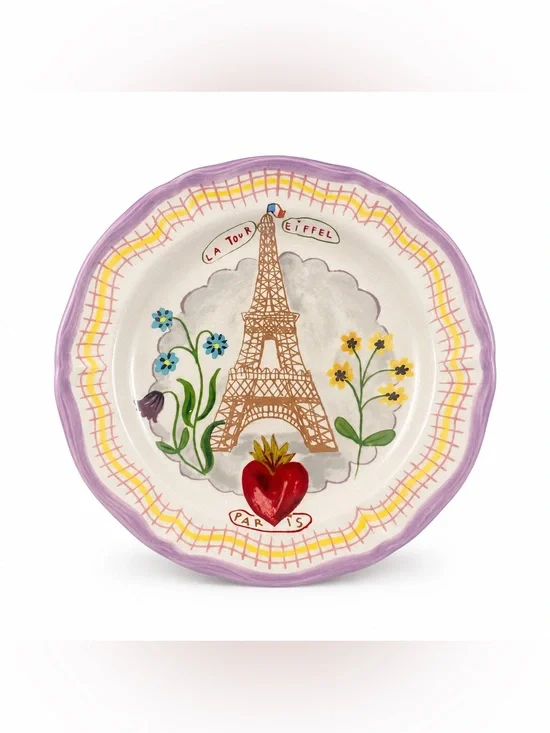 Anthropologie Purple-Trim Eiffel Tower Decorative Plate