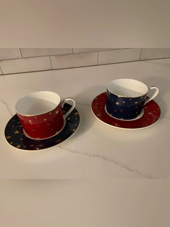 Galaxy by Sakura Red or Blue and White Cup and Saucer with 14K Gold Accents