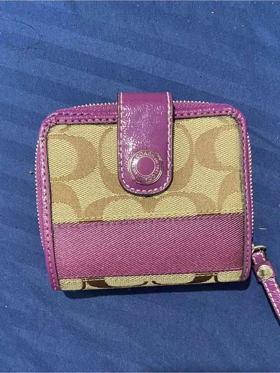 Coach Tan Signature Canvas Wallet with Pink Trim