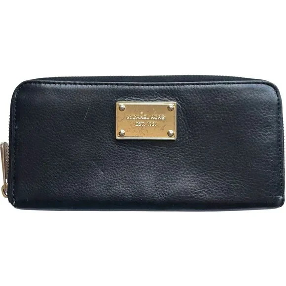 Michael Kors Black Leather Continental Zip Wallet Classic Gold Plaque Edition