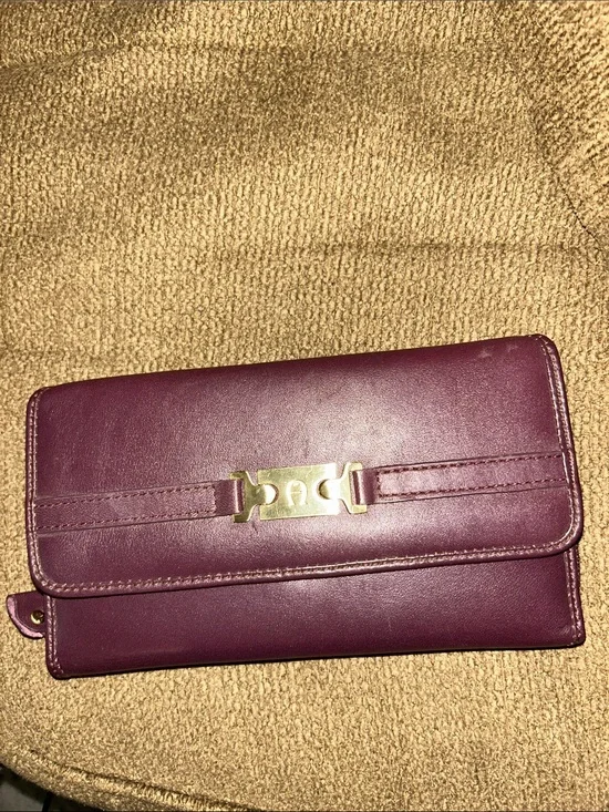 Etienne Aigner Plum Leather Clutch Wallet with Gold Tone Hardware