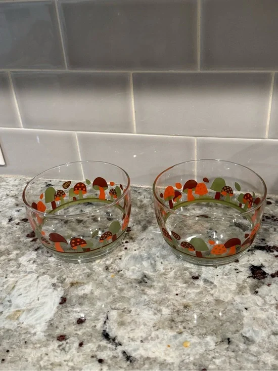Vintage Style Mushroom Glass Bowls Set of 2 Retro Toadstool Print Clear Glass