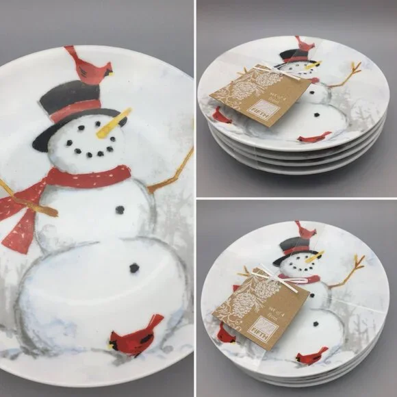 x4 222 FIFTH Winter Cheer Appetizer Plate Set Snowman Red Cardinal Christmas NEW