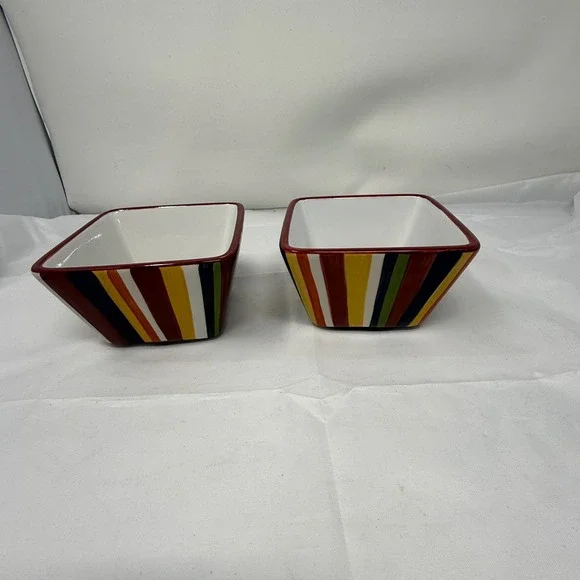 Pampered Chef Simple Additions Square Bowls Set of 2 Striped Multi Color Ceramic