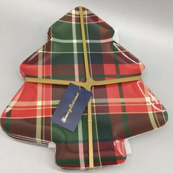 x4 TOMMY BAHAMA Christmas Tree Red Tartan Plaid Melamine Plate Set Appetizer 11