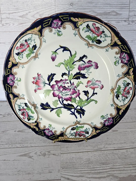 Antique Cauldon England Ironstone Plate Floral Indian Tree Cobalt Blue Gold
