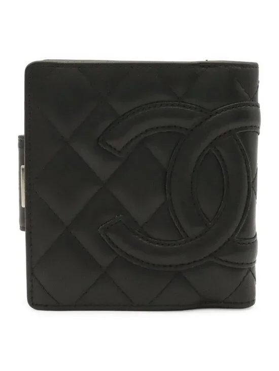 Chanel Cambon Line Kiss Lock Wallet Bifold Soft Calf Leather Black White Pink