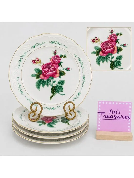 Gibson VICTORIA ROSE Large Pink Rose Vine Embossed Gold Trim Dinner Plates Set 4
