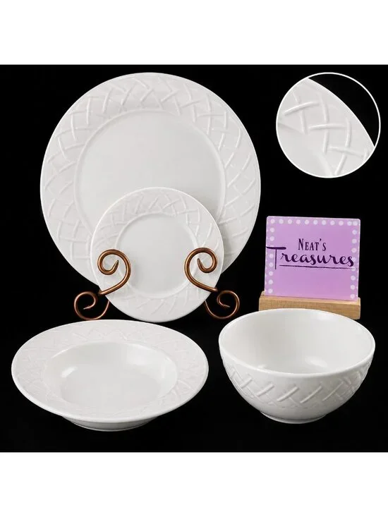Oneida PICNIC White Basket Weave 1 Dinner 1 Bread Plate  1 Soup 1 Cereal Bowl