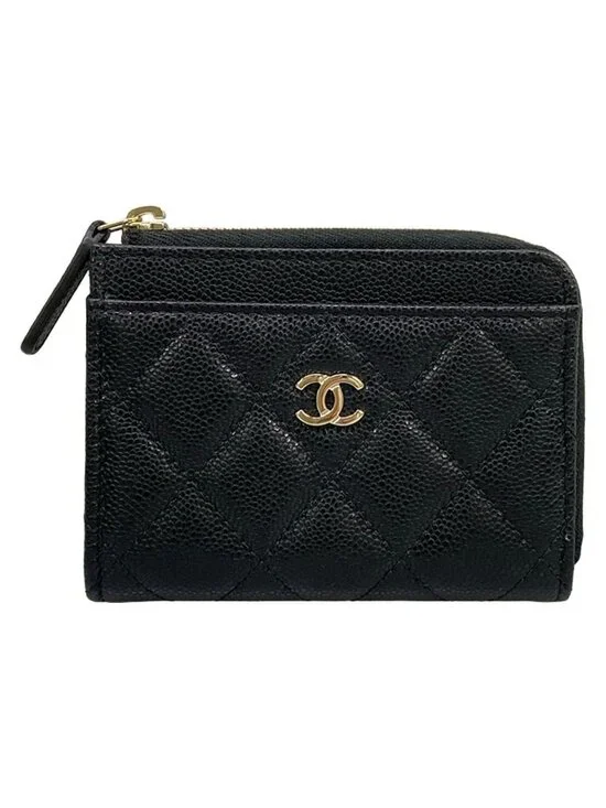 Chanel Coin Case Quilted Black L-shaped Zipper Champagne Gold