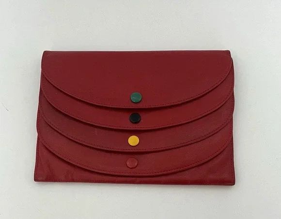 HAUTE COUTURE RED ITALIAN LEATHER WALLET, COLORED BUTTON SNAPS, ECHT PRYM SNAPS