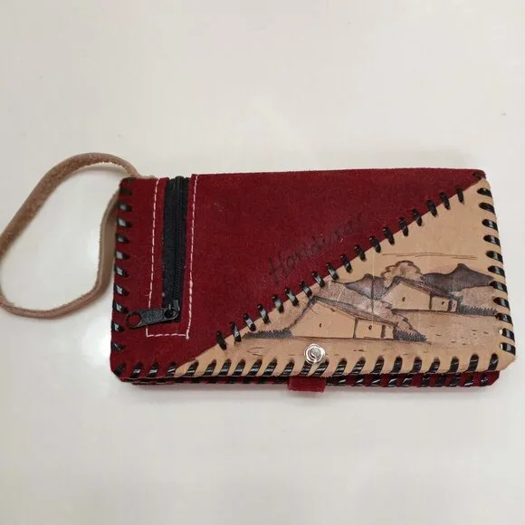 Red Leather Women Wallet w/Zipper & Mirror Handmade by Central American Artisans