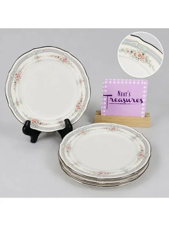 Noritake ROTHSCHILD 7293 Blue Band Pink Floral Ivory Japan Bread Plates Set of 4