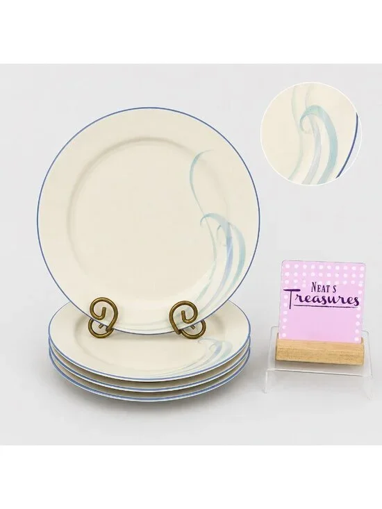 80's Lenox SKY BLUE BRUSHSTROKES Chinastone Green Blue Swirl Dinner Plate Set 4