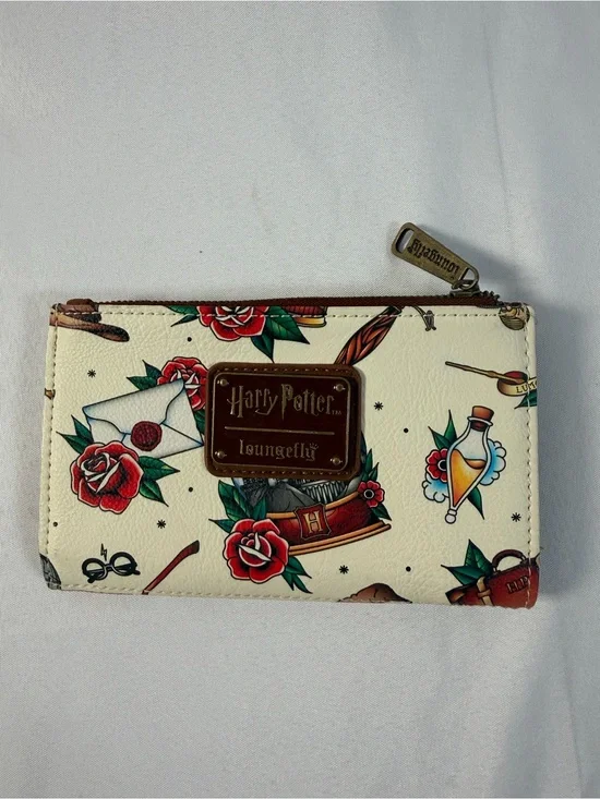 Loungefly Harry Potter Tattoo Print Faux Leather Bi-fold Wallet Cream White