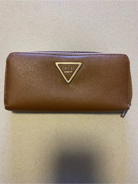 GUESS Brown Zip-Around Wallet with Gold Logo