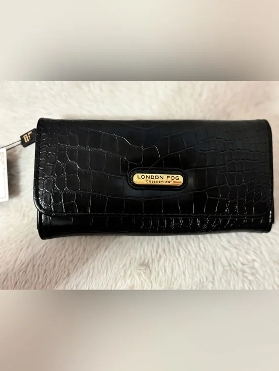 London Fog Black Croc-Embossed Clutch with Gold Logo Plaque