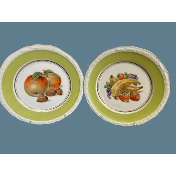 2 Imperial Bavaria  Fruit Plates Lime Green Embossed White Band 9.5