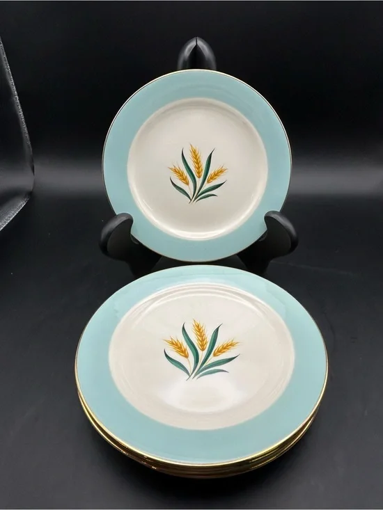 Classic Wheat Motif Dessert Plates - Aqua and Gold (Set of 5)