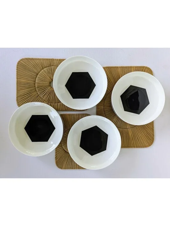 True Vintage Black & White Geometric Bone China Bowls, Mikasa Bakota, late 1970s