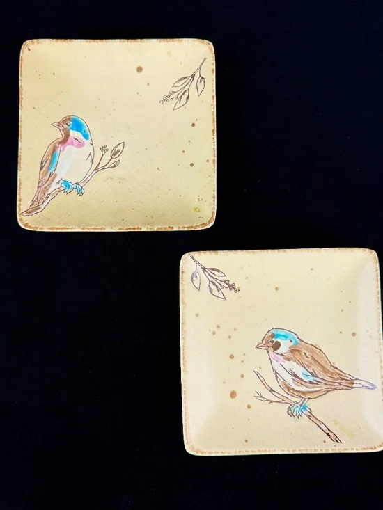 2019 Pair Spectrum Designz 5 in Square Ceramic Plates w Birds Excellent