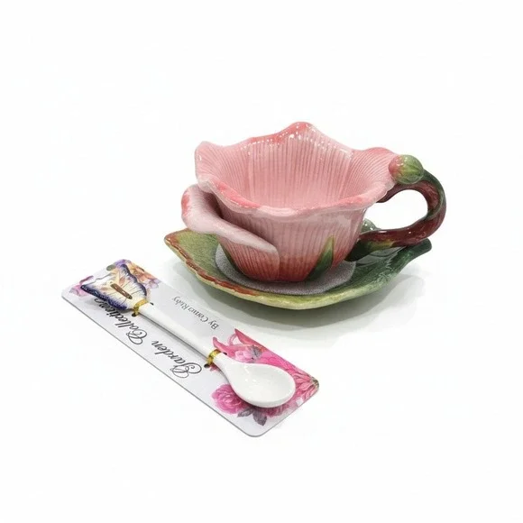 CornerRuby Garden Collection Pink Rose Tea Cup Leaf Saucer Butterfly Spoon‎ Set