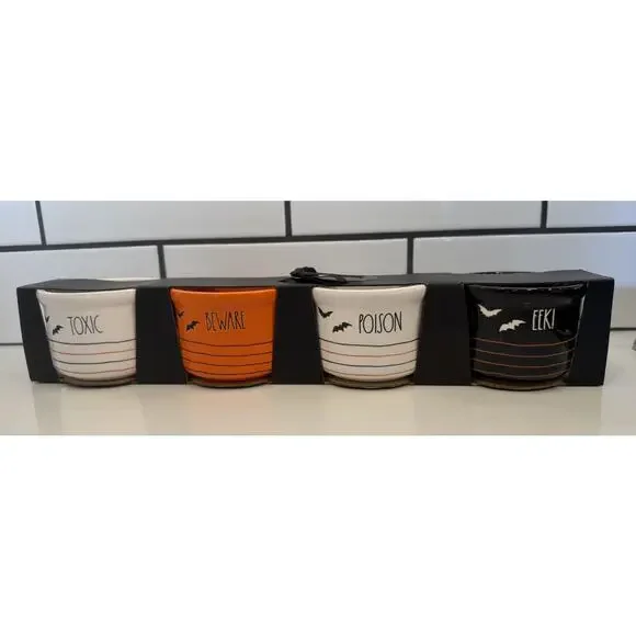 RAE DUNN Set of 4 Halloween Ceramic Ramekins - TOXIC, BEWARE, POISON, EEK! NEW!!