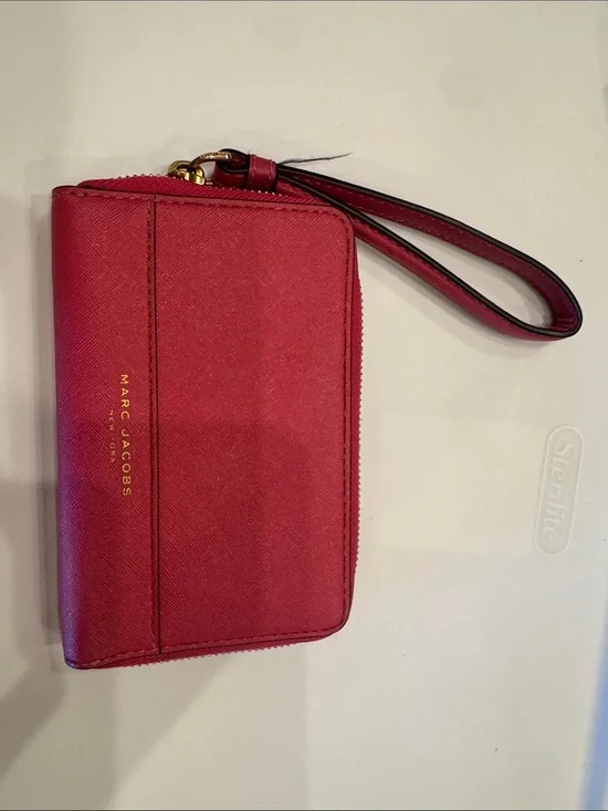 Marc Jacobs Pink-Red Saffiano Wristlet Wallet with Gold Logo