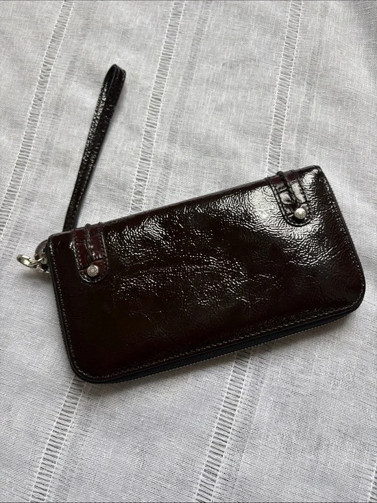 Brighton Dark Brown Patent Leather  Zip-Around Wristlet Wallet