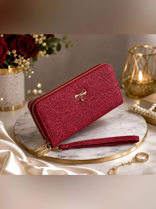 Bow Accent Lace Zip Wristlet Wallet - Red