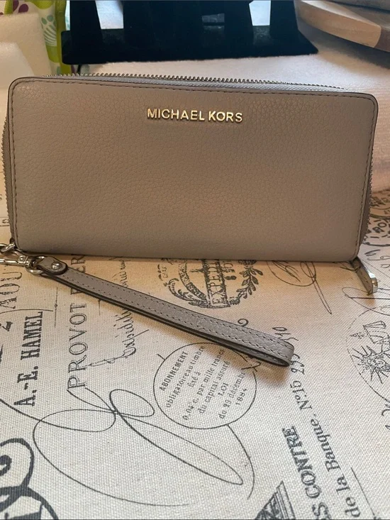 Michael Kors Taupe Stone Grey  Pebbled Leather Wristlet Wallet