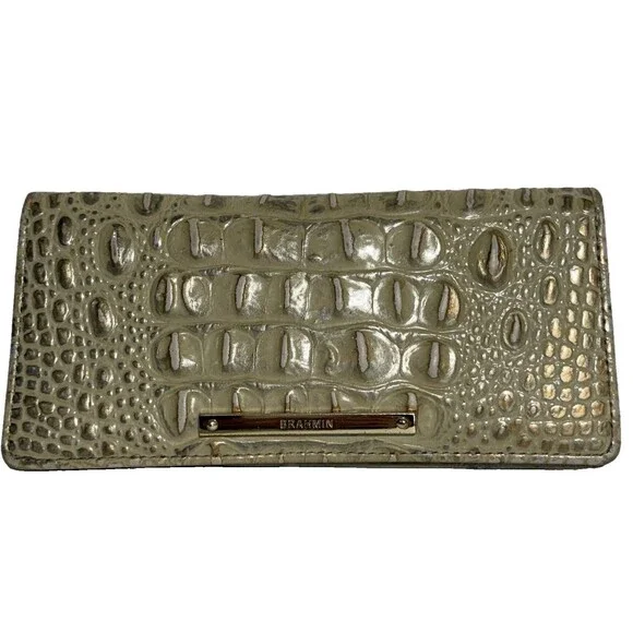 Brahmin Ady MELBOURNE Slim Leather Wallet Metallic Ivory/ Silver Sheen Old Money