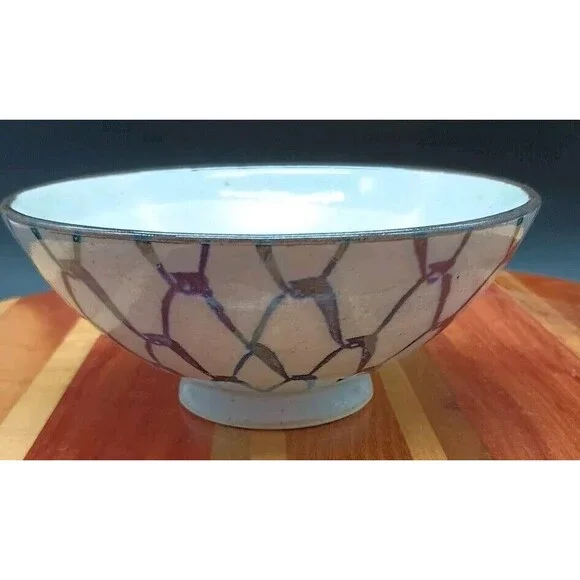 Vtg Footed Rice Bowl Blue Celedon Netted Design