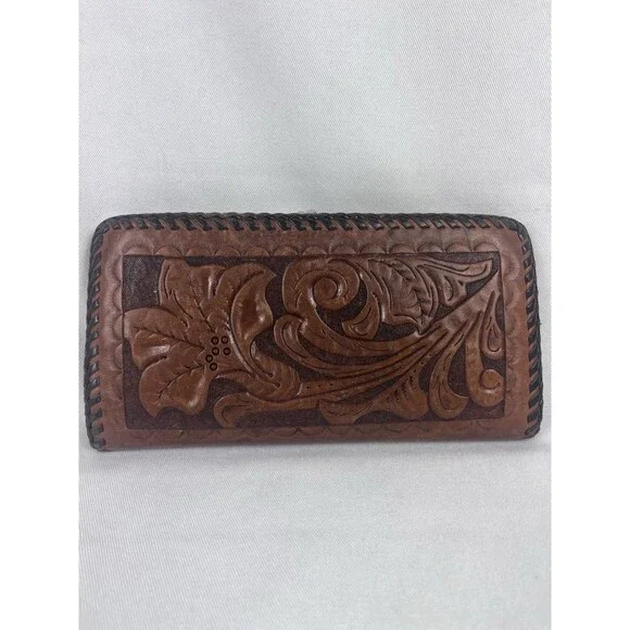 Tooled Brown Leather Unisex Money Wallet Card Checkbook Holder Floral Acorns Vtg