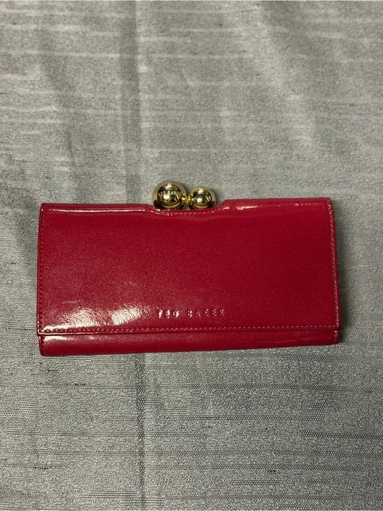 Ted Baker glossy red patent leather kiss-lock wallet with gold hardware