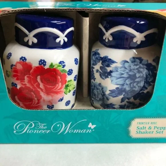 Pioneer Woman Frontier Rose Salt And Pepper Set Shakers Blue Red White New
