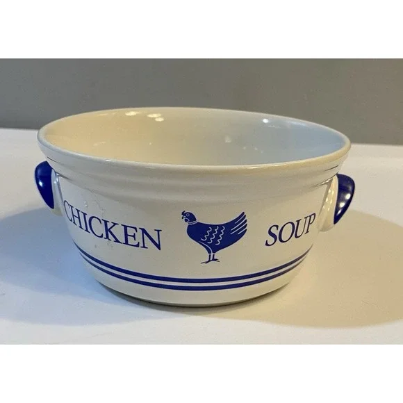 Vintage Chicken Soup Bowl‎ FTDA 1985 Korea Ceramic Blue Handled Dish FTD