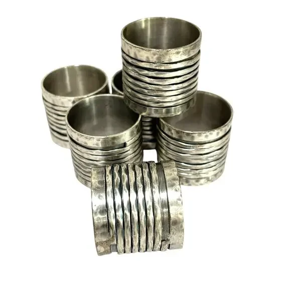 Pewter Silver napkin rings (6) wrapped Brutalist Artisan detailed metal holders
