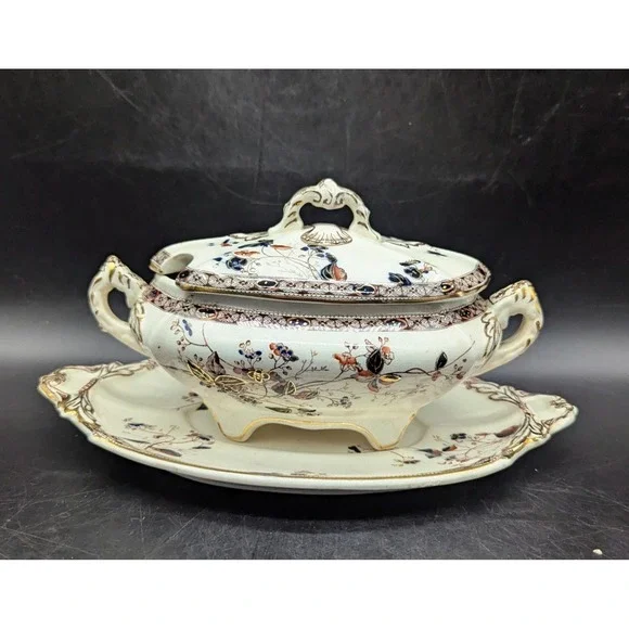 Antique Dunn Bennett Co Polychrome Transferware Lidded Sauce Tureen W Underplate