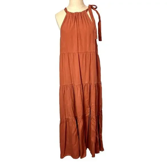 Cloth and Stone Dress Size M Halter Midi Orange Lyocell Neck Tie Tiered Flounce