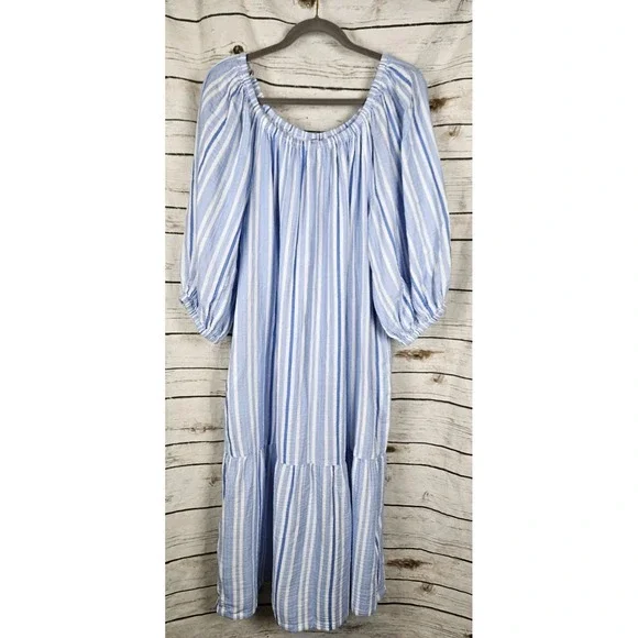 Tommy Bahama Blue Striped Island Gauze Dress XL Midi Ruffle 100% Cotton Resort