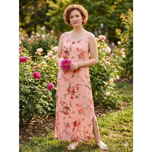 Vintage Karin Stevens Pink Floral Rayon Maxi Dress Y2K Sleeveless Size 10‎