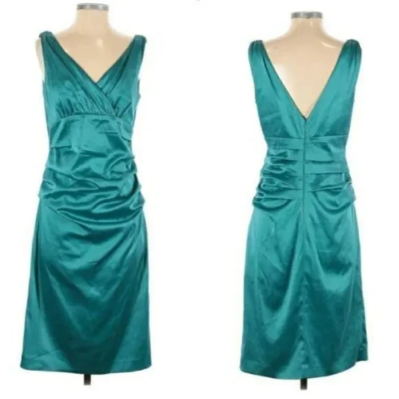 Suzi Chin Dress Y2K Cocktail Ruched Draped Surplice Satin‎ Slip Teal