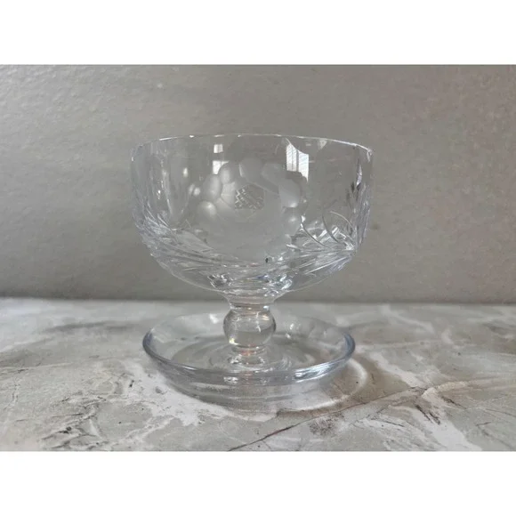 Vintage Etched Crystal‎ Footed Dessert Bowl Frosted Rose Floral Pedestal Glass